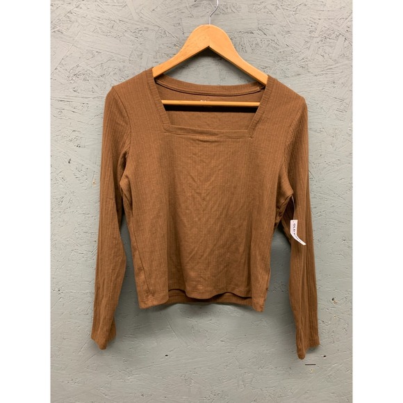 Old Navy Brown Ribbed Long Sleeve Top Women Large Square Neck Cotton Blend - Picture 1 of 8
